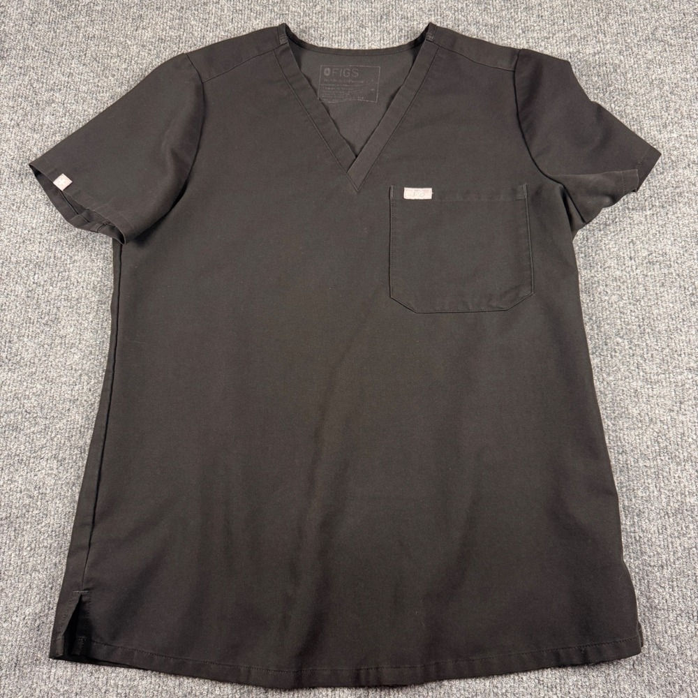 Figs Casma One-Pocket Scrub Top Women Size Small Black Excellent V-Neck FW1000